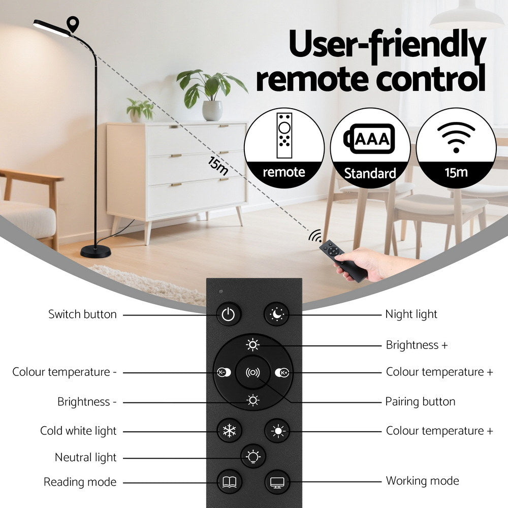 Remote control guide for black LED gooseneck lamp: 15m range, labeled buttons for brightness, colour temp and modes