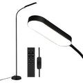 Black LED gooseneck floor lamp with oval head, shown with remote control and inline dimmer switch on white background