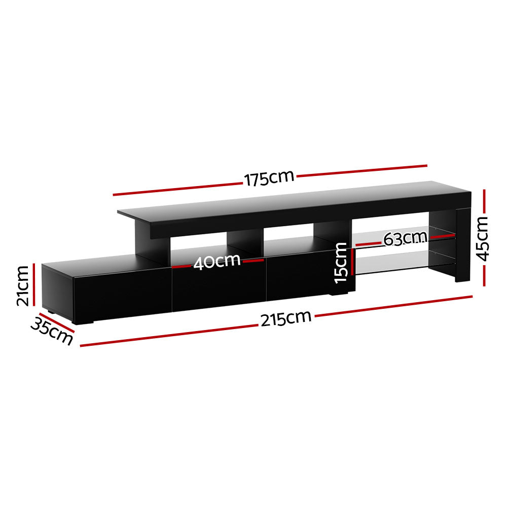 Black LED TV unit dimension diagram showing 215cm width 175cm top shelf 45cm total height 35cm depth
