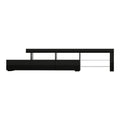 Black LED TV unit 215cm front view with three gloss drawers on lower tier and open glass shelves on right section