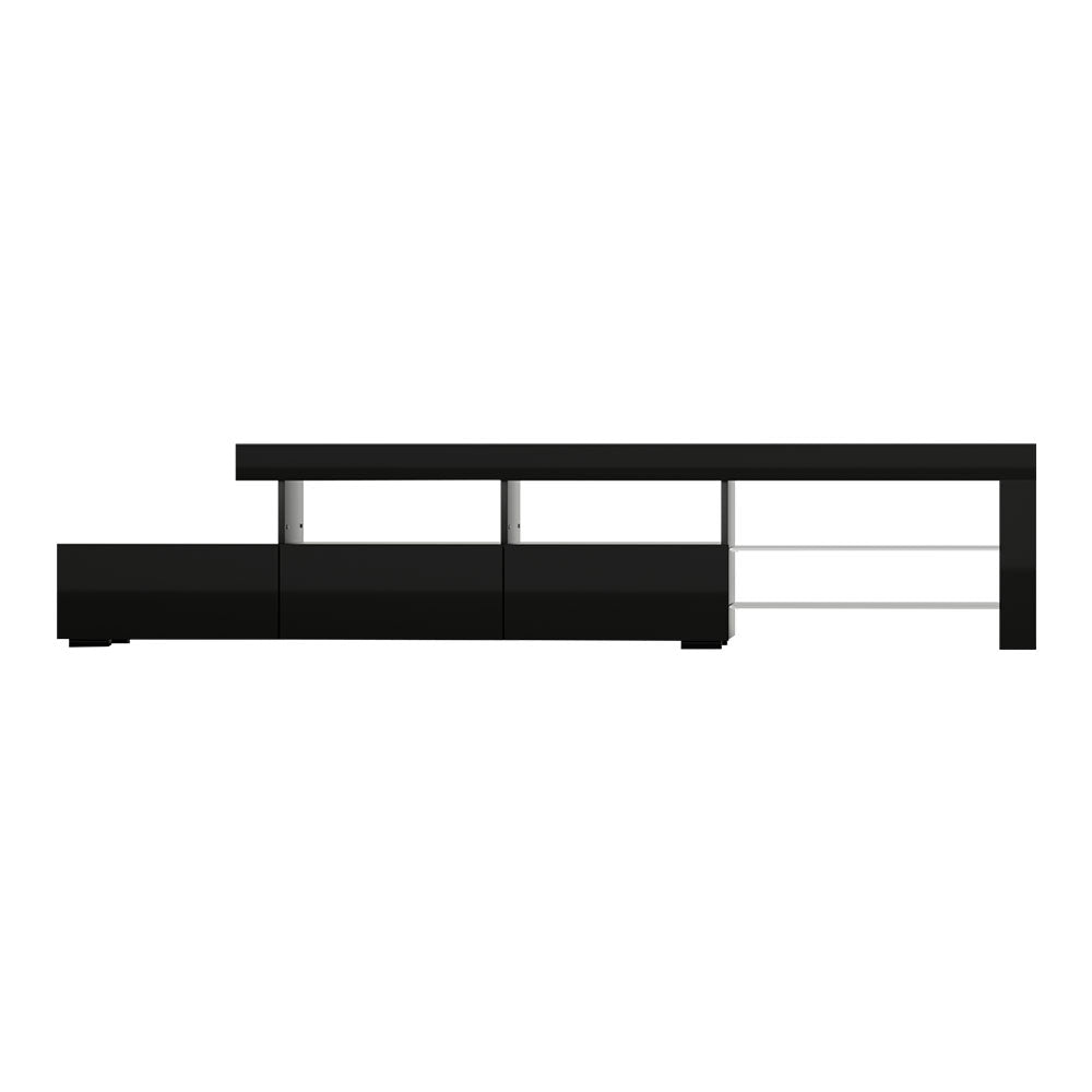 Black LED TV unit 215cm front view with three gloss drawers on lower tier and open glass shelves on right section