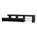 Black glossy stepped LED TV unit 215cm product shot on white background with glass shelves visible