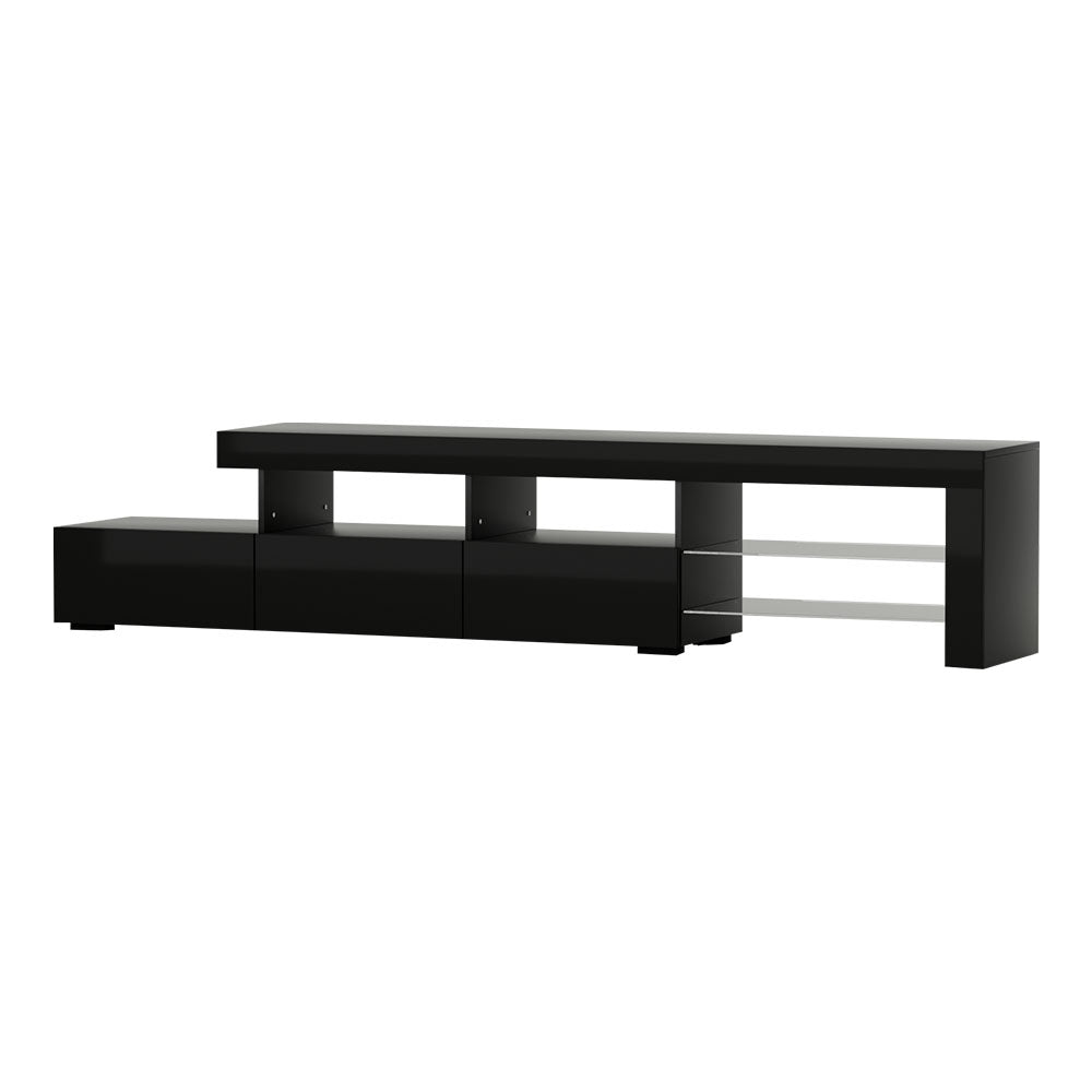 Black glossy stepped LED TV unit 215cm product shot on white background with glass shelves visible