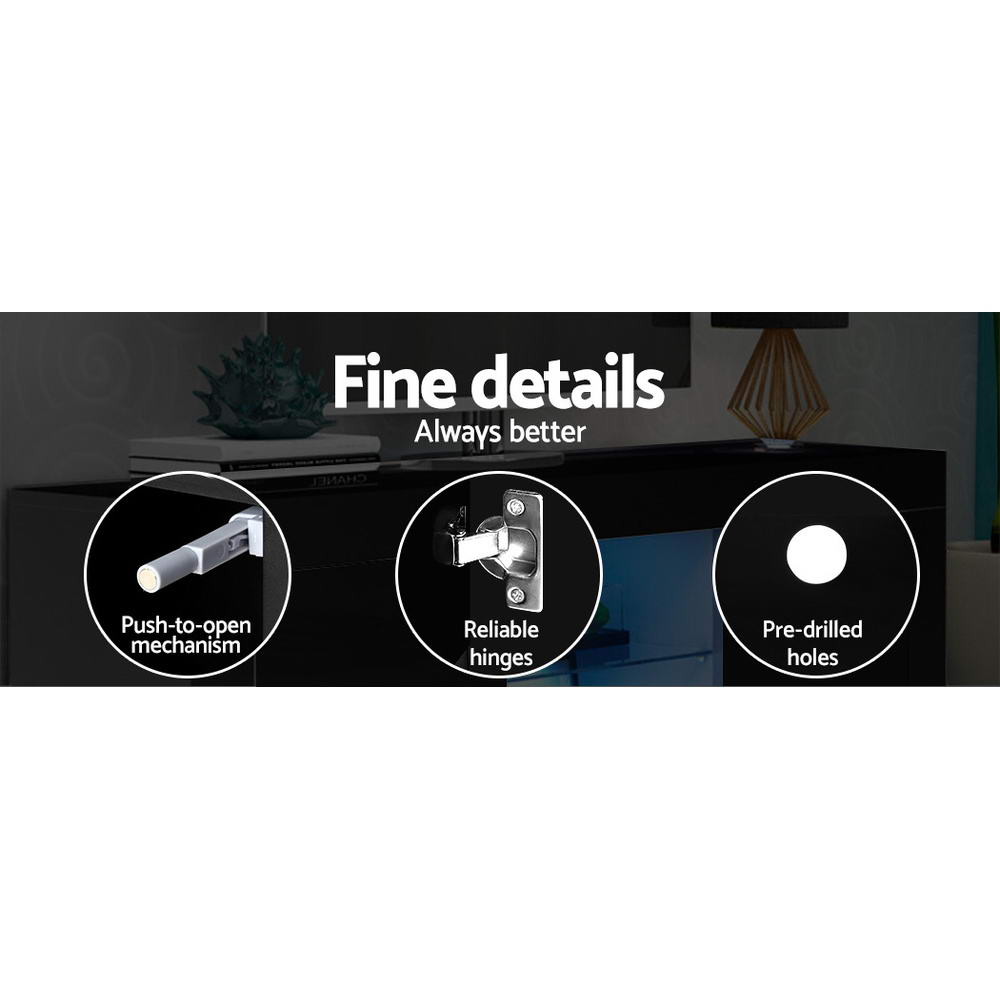 Black LED TV unit fine details infographic showing push-to-open mechanism, reliable hinges and pre-drilled holes