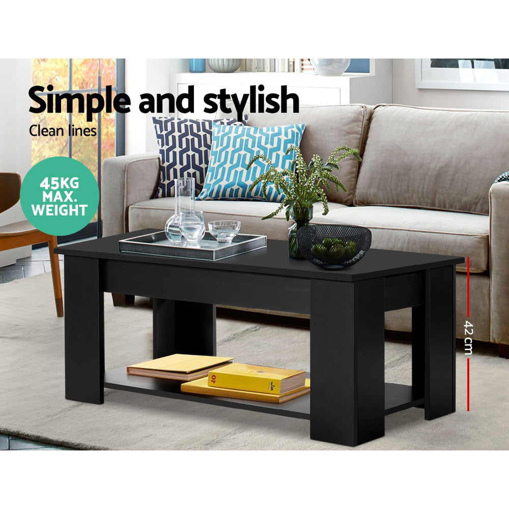 Close-up of black lift-top coffee table hinge mechanism with top panel partially raised