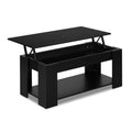 Black lift-top coffee table with dimension callouts showing width, depth, and height