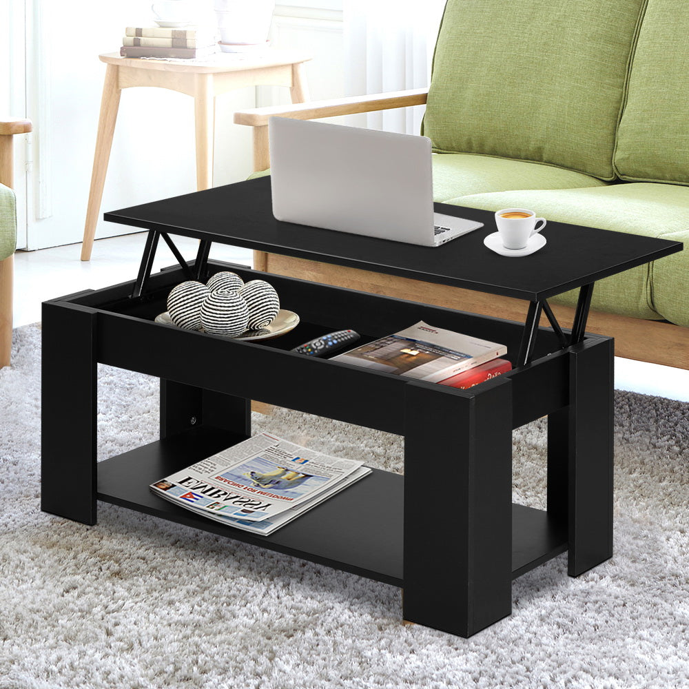 Black lift-top coffee table with flat closed surface, front view on white background