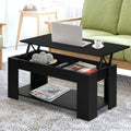 Black lift-top coffee table with flat closed surface, front view on white background