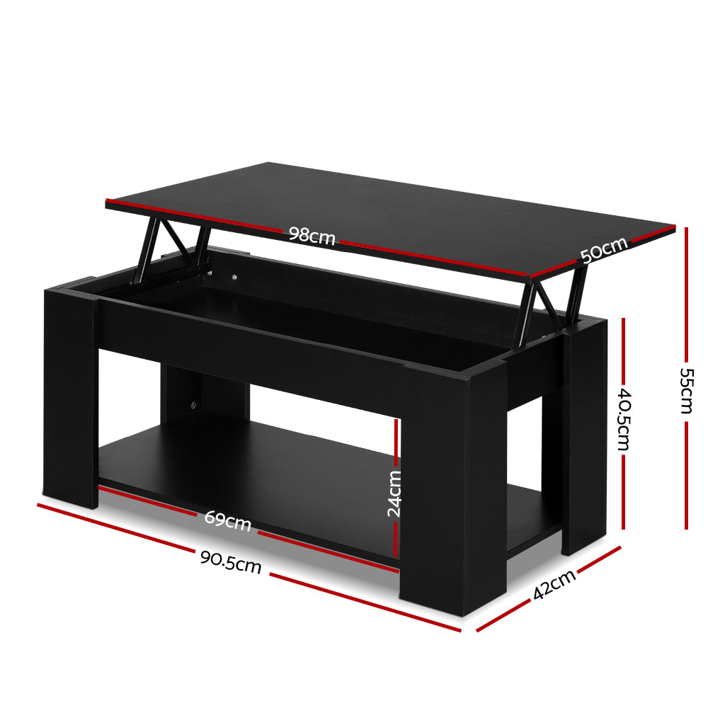 Black lift-top coffee table with top panel raised revealing interior storage compartment