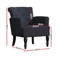 Black linen button-tufted armchair dimensions: 75cm W, 79cm H, 50cm seat width, 44cm seat height, 70cm depth