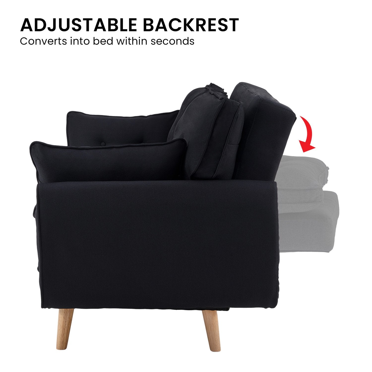 Adjustable backrest converts into bed infographic side profile of dark charcoal sofa with red arrow