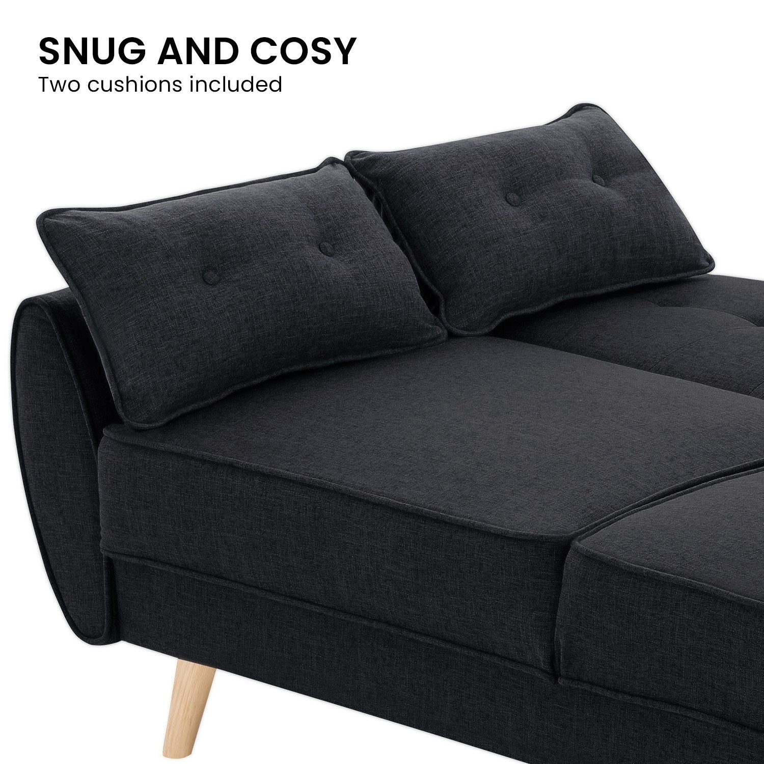 Snug and cosy two cushions included infographic close-up of dark charcoal sofa bed with button scatter cushions