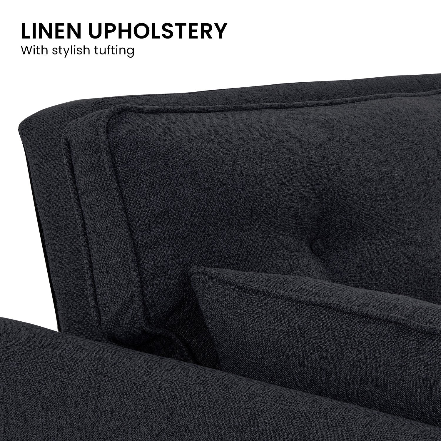 Linen upholstery with stylish tufting infographic close-up of dark charcoal sofa back texture