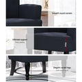 Black linen armchair detail: smooth corners, 22cm seat padding, 
