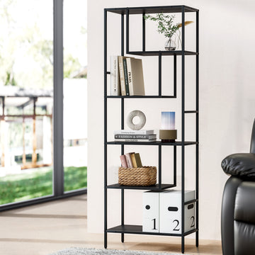 Black metal-frame 5-tier open display shelf styled in living room with books, plant vase, basket, and storage boxes