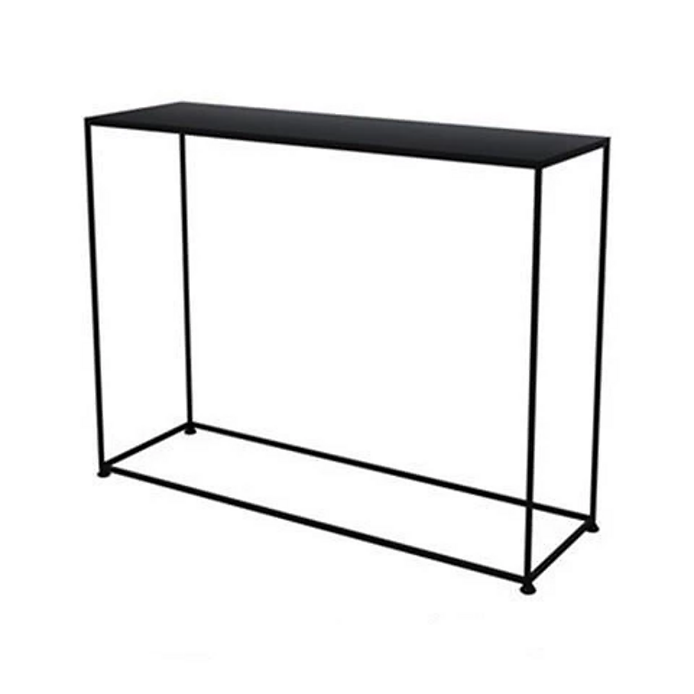 Slim black metal console table with thin tubular steel frame and black top, open rectangular base, white background