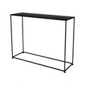 Slim black metal console table with thin tubular steel frame and black top, open rectangular base, white background