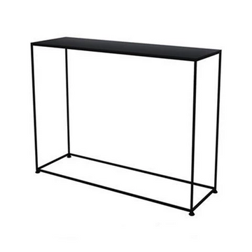 Slim black metal console table with thin tubular steel frame and black top, open rectangular base, white background