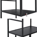 Two close-up detail shots of black metal shelf: top shows 12mm board thickness, bottom shows metal frame and screw joints