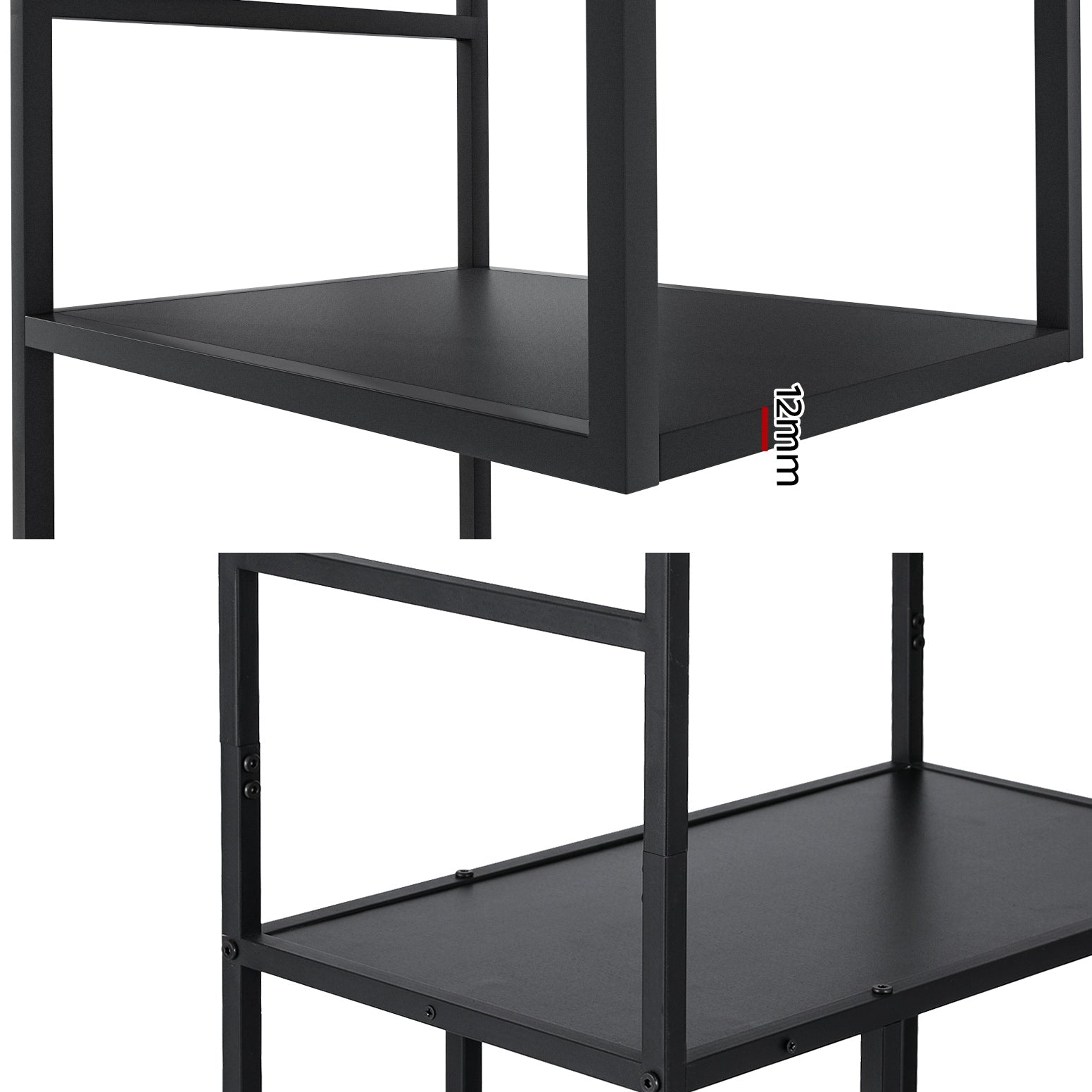 Two close-up detail shots of black metal shelf: top shows 12mm board thickness, bottom shows metal frame and screw joints