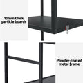 Two detail close-ups of black display shelf: 12mm thick particle board shelf, and powder-coated metal frame