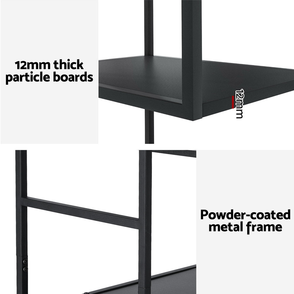 Two detail close-ups of black display shelf: 12mm thick particle board shelf, and powder-coated metal frame