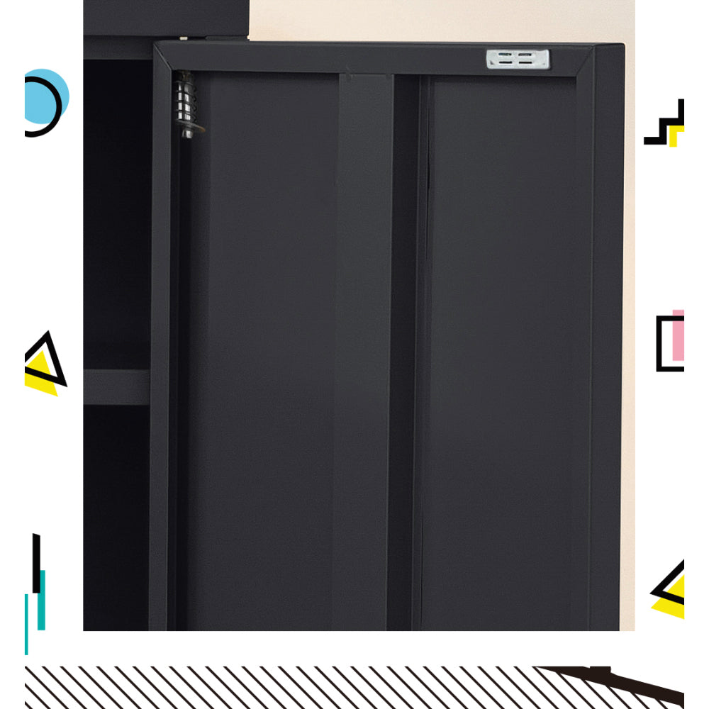 Close-up of black metal locker cabinet door open showing spring hinge mechanism and interior shelf