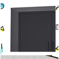 Close-up of black metal locker cabinet top left corner showing door and bar handle with geometric graphic border