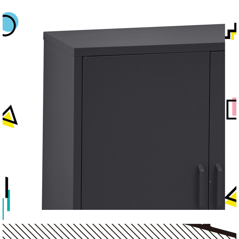 Close-up of black metal locker cabinet top left corner showing door and bar handle with geometric graphic border