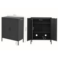 Black metal locker cabinet dimensions showing 80cm width, 40cm depth, 101.5cm height with interior shelving and cable holes