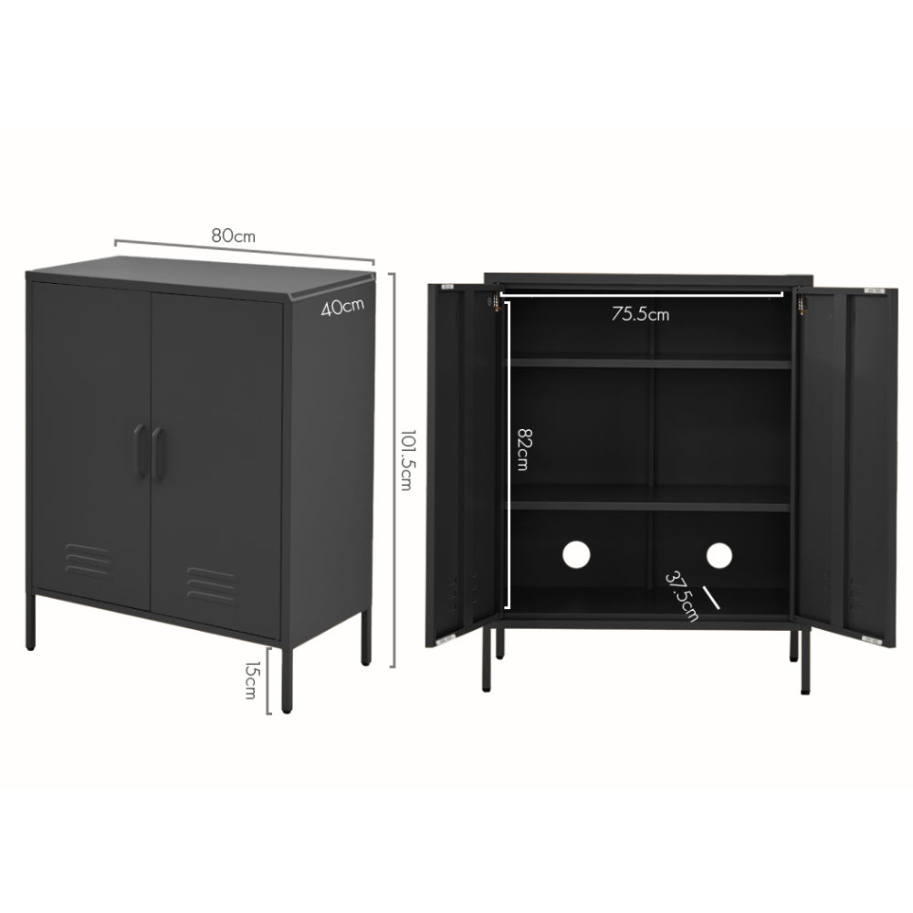 Black metal locker cabinet dimensions showing 80cm width, 40cm depth, 101.5cm height with interior shelving and cable holes