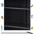 Close-up interior of black metal locker cabinet showing three adjustable shelves with perforated side track