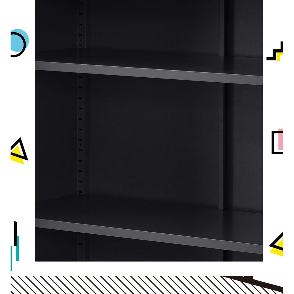 Close-up interior of black metal locker cabinet showing three adjustable shelves with perforated side track