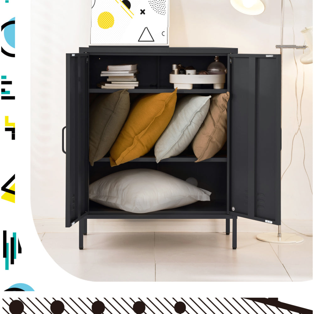 Black metal locker cabinet doors open showing books on top shelf and cushions on lower shelves in lifestyle setting