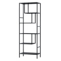 Black metal-frame open display shelf with staggered shelves, empty, three-quarter angle view on white background