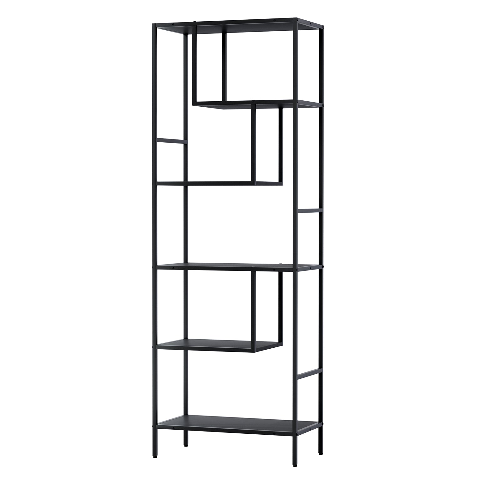 Black metal-frame open display shelf with staggered shelves, empty, three-quarter angle view on white background
