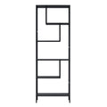 Black metal-frame open display shelf with staggered shelves, empty, straight front view on white background