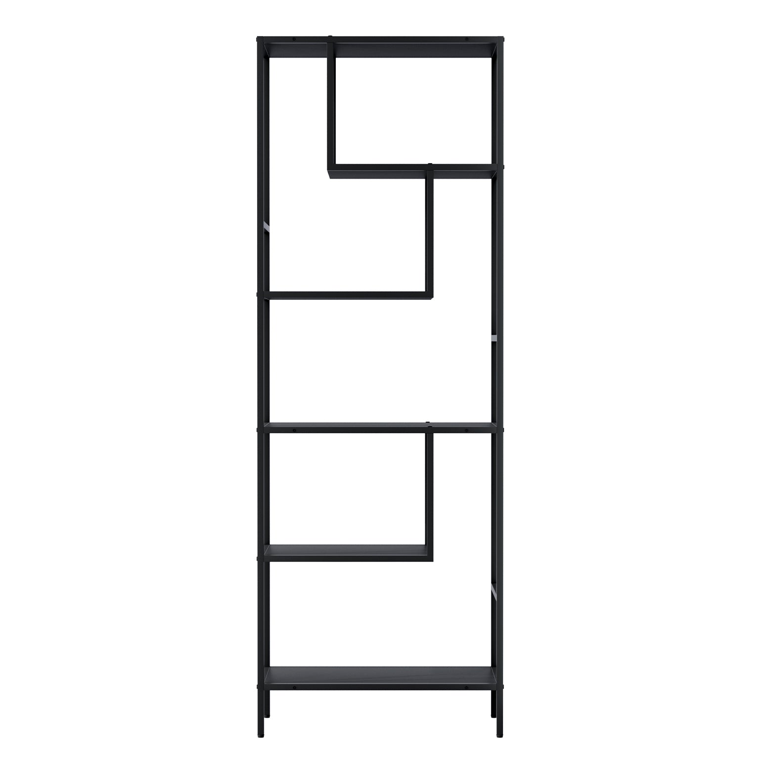 Black metal-frame open display shelf with staggered shelves, empty, straight front view on white background