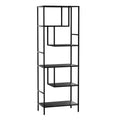 Black metal-frame open display shelf with staggered shelves, empty, right three-quarter view on white background