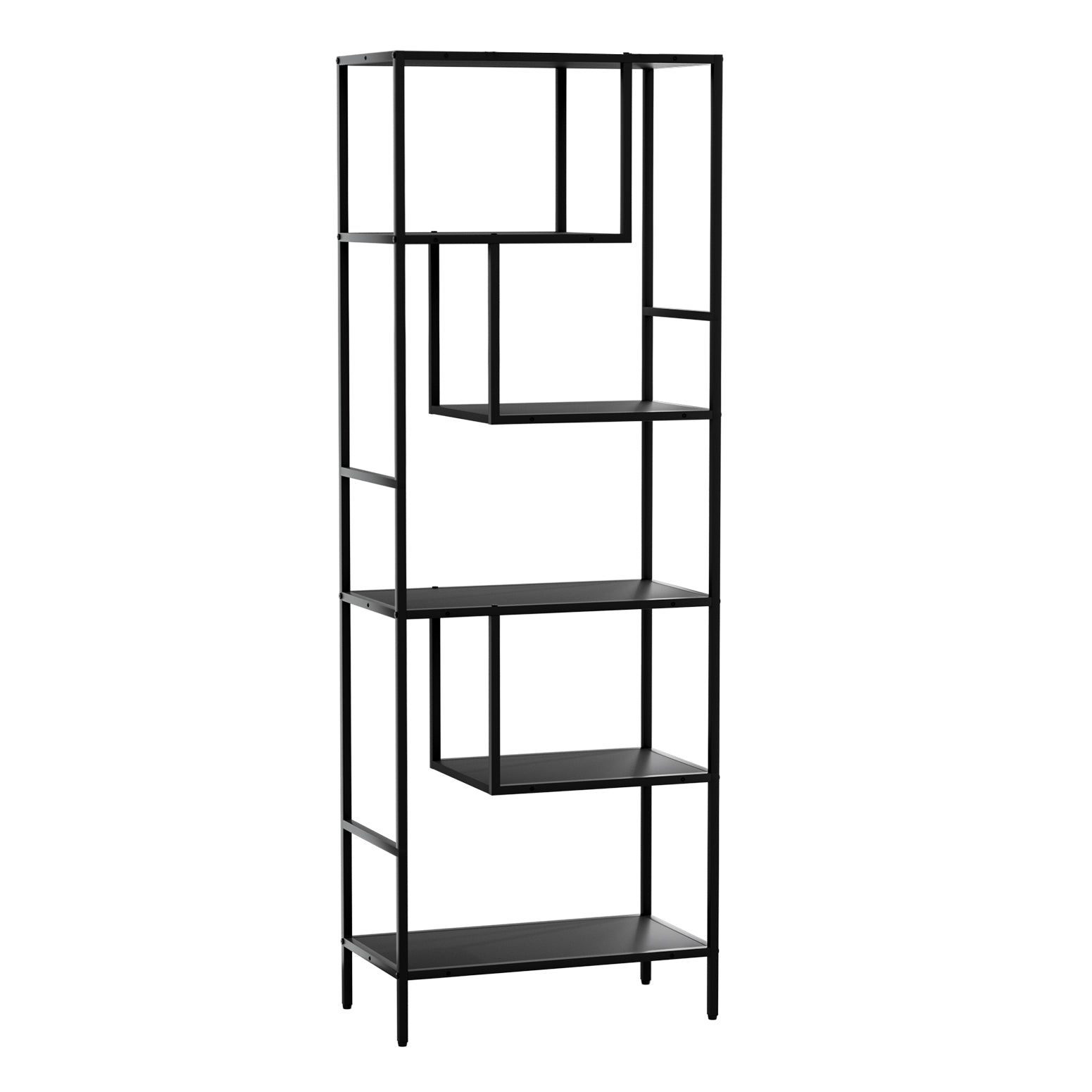 Black metal-frame open display shelf with staggered shelves, empty, right three-quarter view on white background