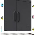 Close-up of charcoal black metal sideboard cabinet centre showing two matte black bar handles