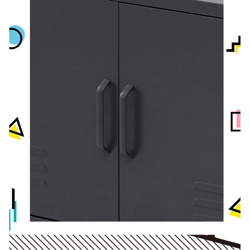 Close-up of charcoal black metal sideboard cabinet centre showing two matte black bar handles