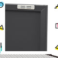 Close-up of black metal sideboard cabinet top corner showing soft-close mechanism and door edge