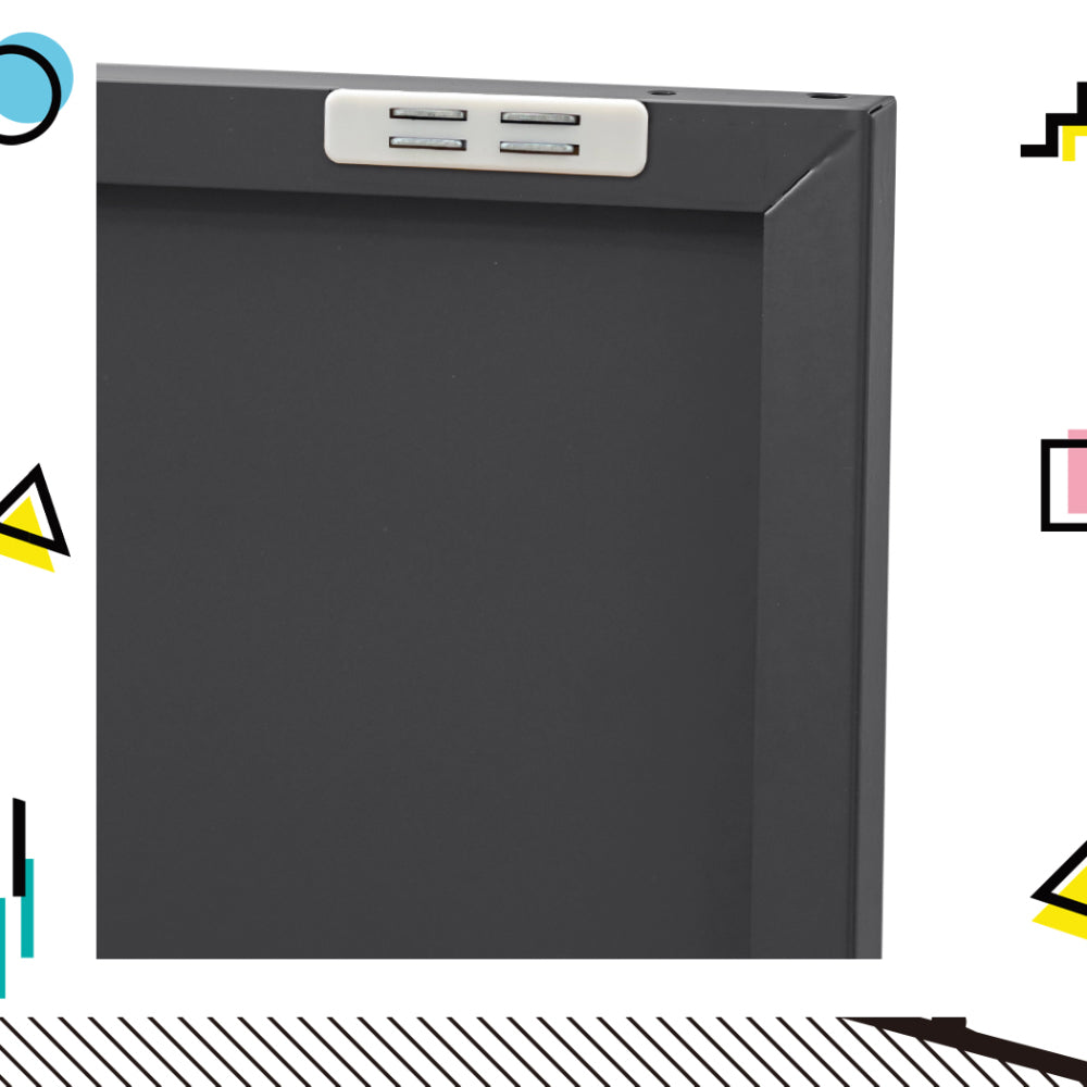 Close-up of black metal sideboard cabinet top corner showing soft-close mechanism and door edge
