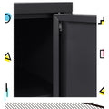 Close-up of black metal sideboard cabinet door corner with open door showing coiled spring hinge