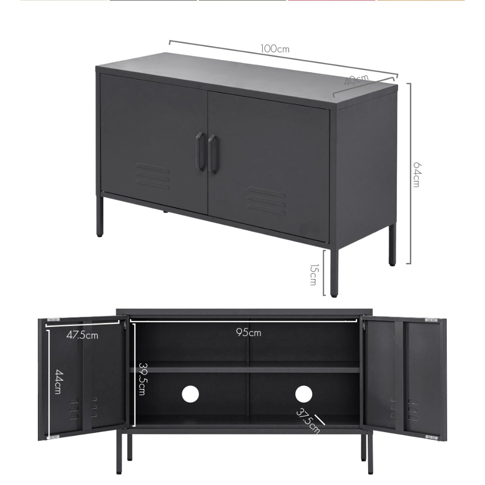 Dimension diagram of black metal sideboard cabinet: 100cm wide, 40cm deep, 64cm tall, interior 95cm wide