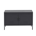 Charcoal black two-door metal sideboard cabinet with bar handles and louvre vents on white background