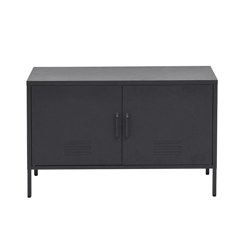 Charcoal black two-door metal sideboard cabinet with bar handles and louvre vents on white background