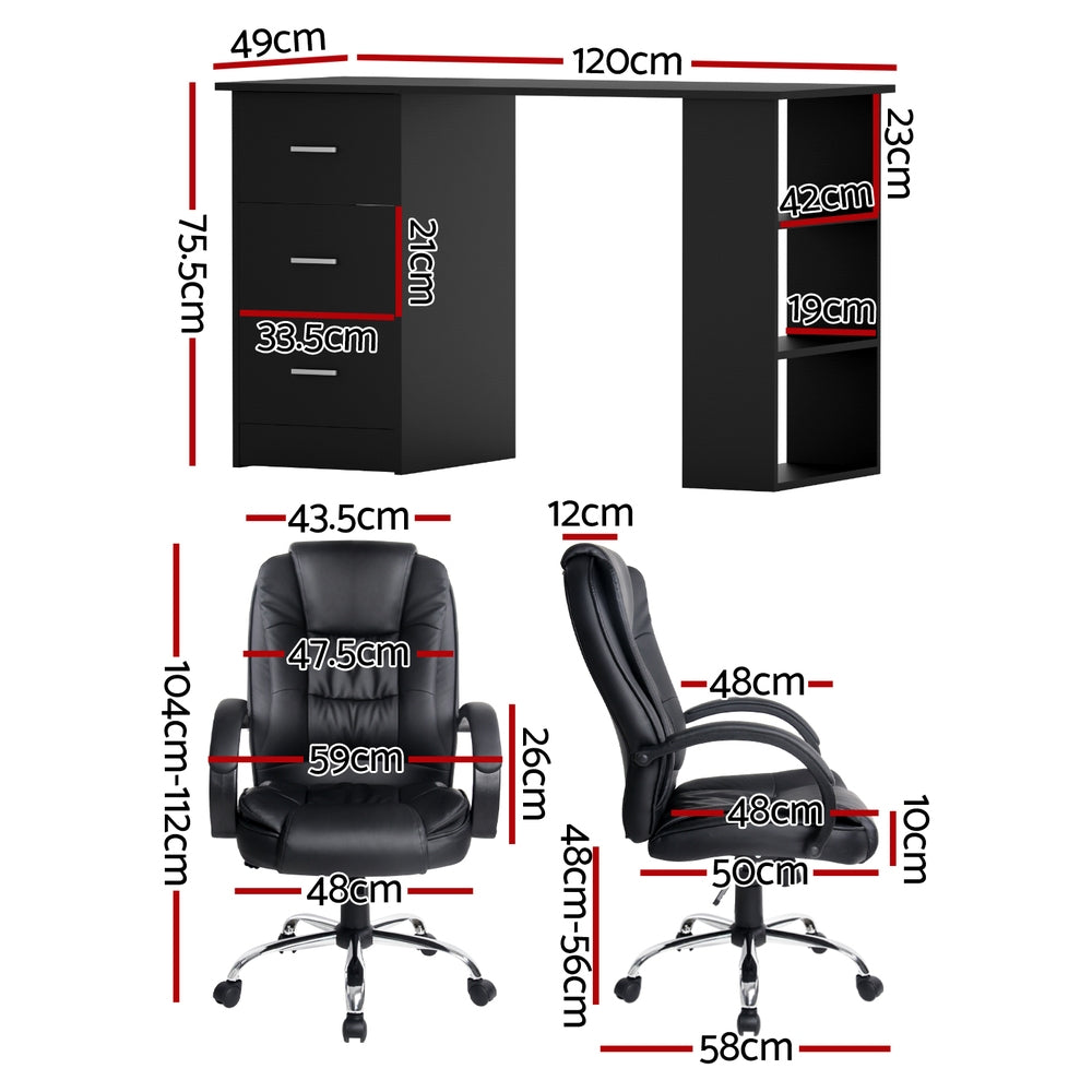 Black office desk with side shelves and black PU leather executive chair set on white background