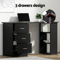 Black office desk 3 drawers design infographic with open drawers 28cm wide 29cm deep in home setting